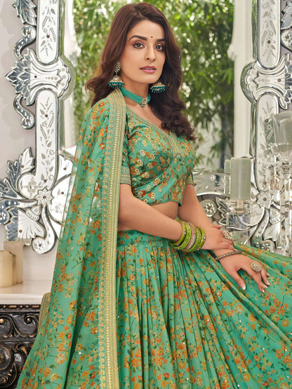 Tulsi Art Mesmerizing Green Floral Printed Organza Mehendi Wear Lehenga Choli