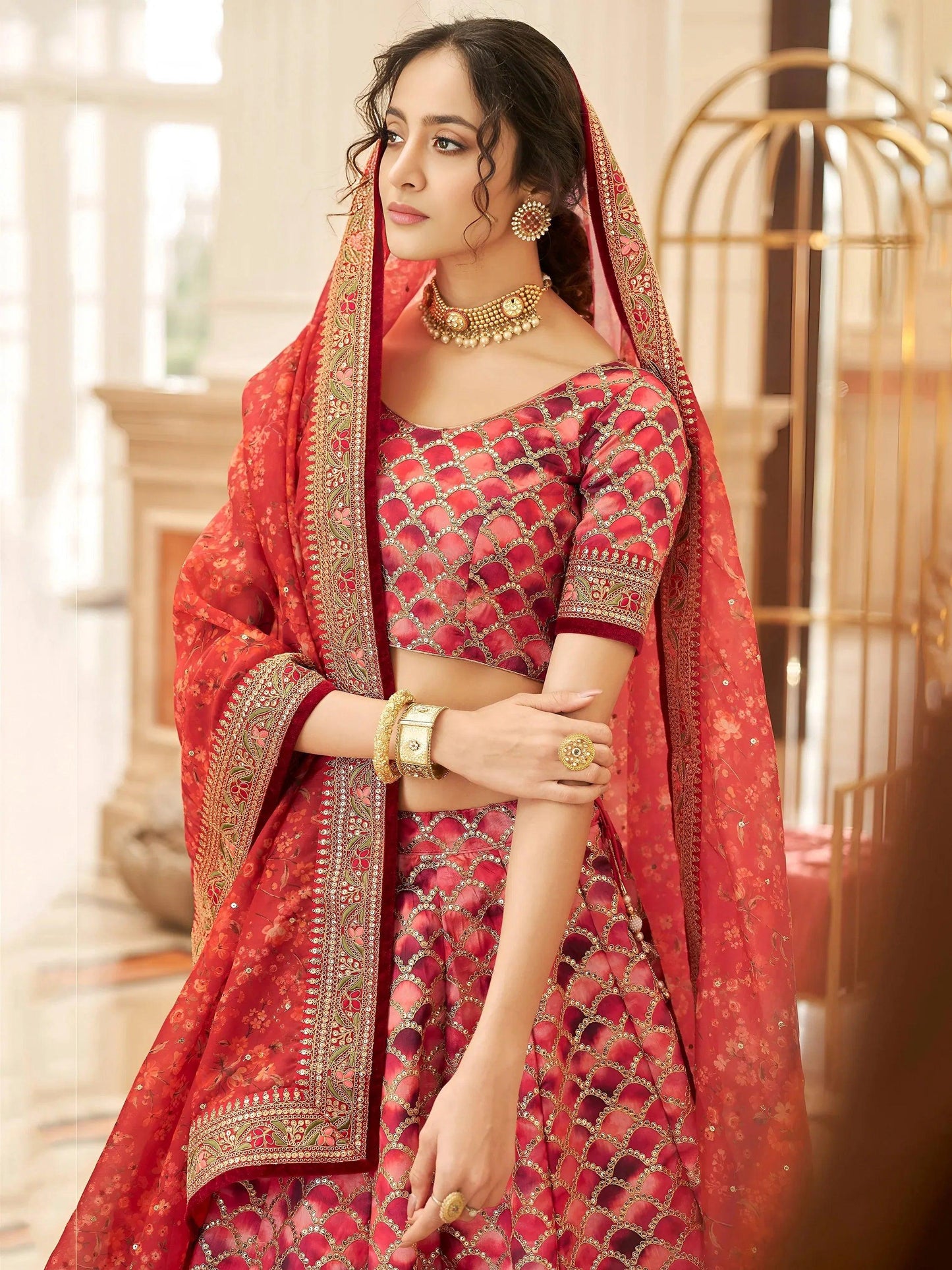 Tulsi Art Astonishing Red Embroidered Art Silk Bridesmaid Lehenga Choli