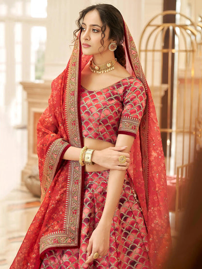 Tulsi Art Astonishing Red Embroidered Art Silk Bridesmaid Lehenga Choli