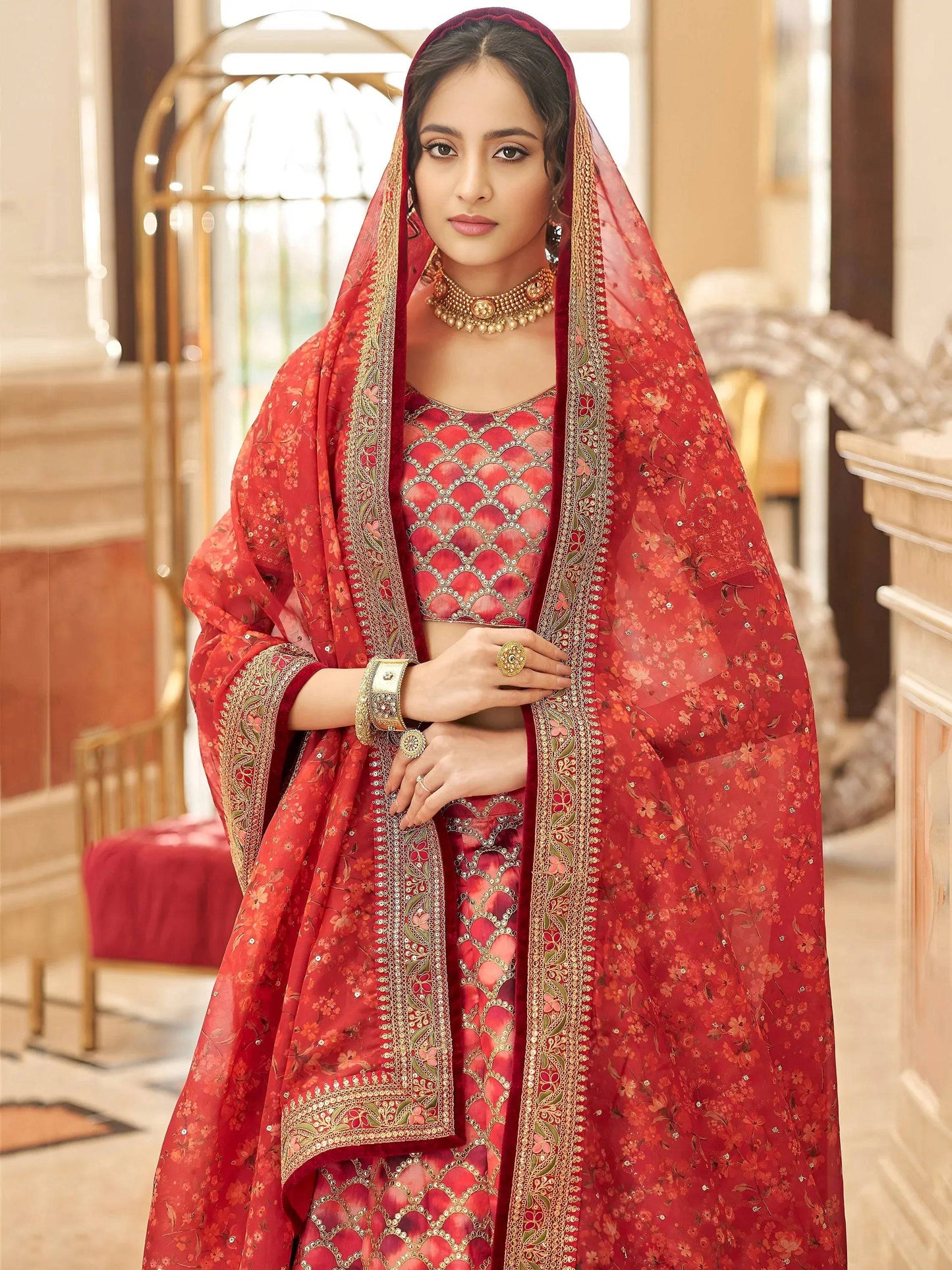 Tulsi Art Astonishing Red Embroidered Art Silk Bridesmaid Lehenga Choli