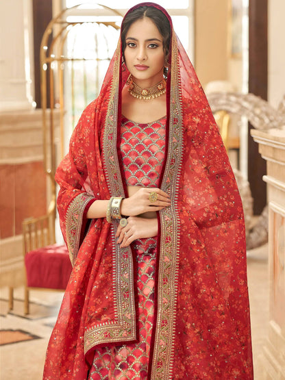 Tulsi Art Astonishing Red Embroidered Art Silk Bridesmaid Lehenga Choli