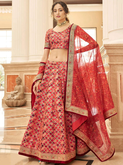 Tulsi Art Astonishing Red Embroidered Art Silk Bridesmaid Lehenga Choli