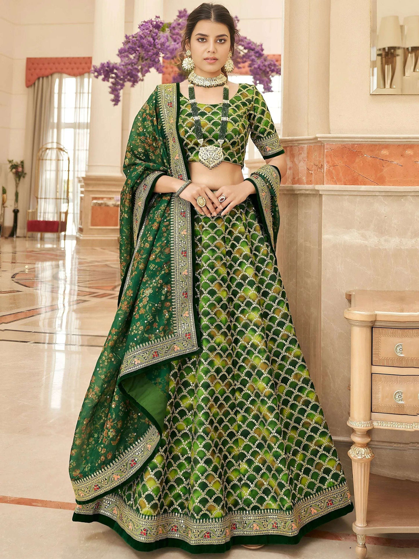 Tulsi Art Marvelous Green Embroidered Art Silk Engagement Wear Lehenga Choli