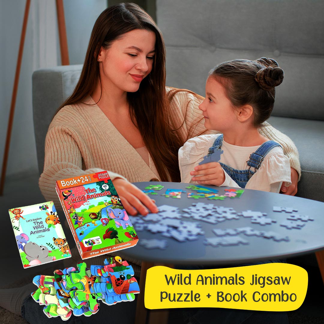 Advit toys Wild Animals Jigsaw Puzzle Game for Kids Age 3 to 5 Years | Educational Puzzle Game to Improve Focus, Memory & Learning Skills (24 Pieces + Book)