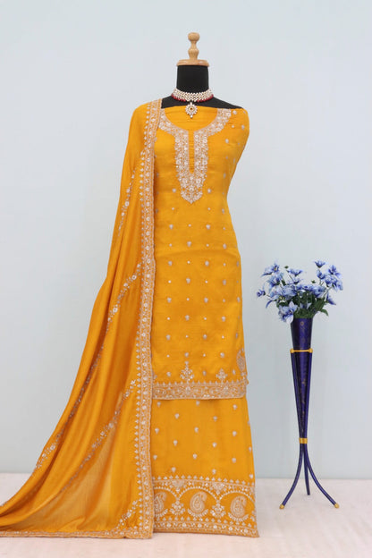 Anaita Yellow Heavy Vichitra Silk Suit With Sequence & Multi Work