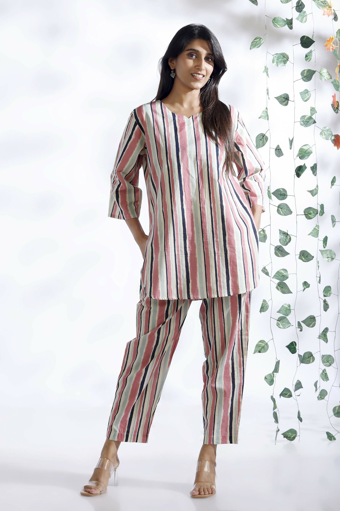 Breathables WomenS Pink Cotton Stripes Loungewear Co-Ord Set