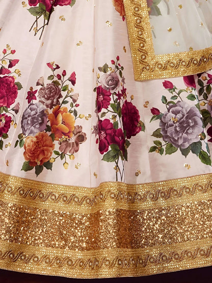 Tulsi Art Off-White Floral Print Banglori Silk Bridal Lehenga Choli With Dupatta