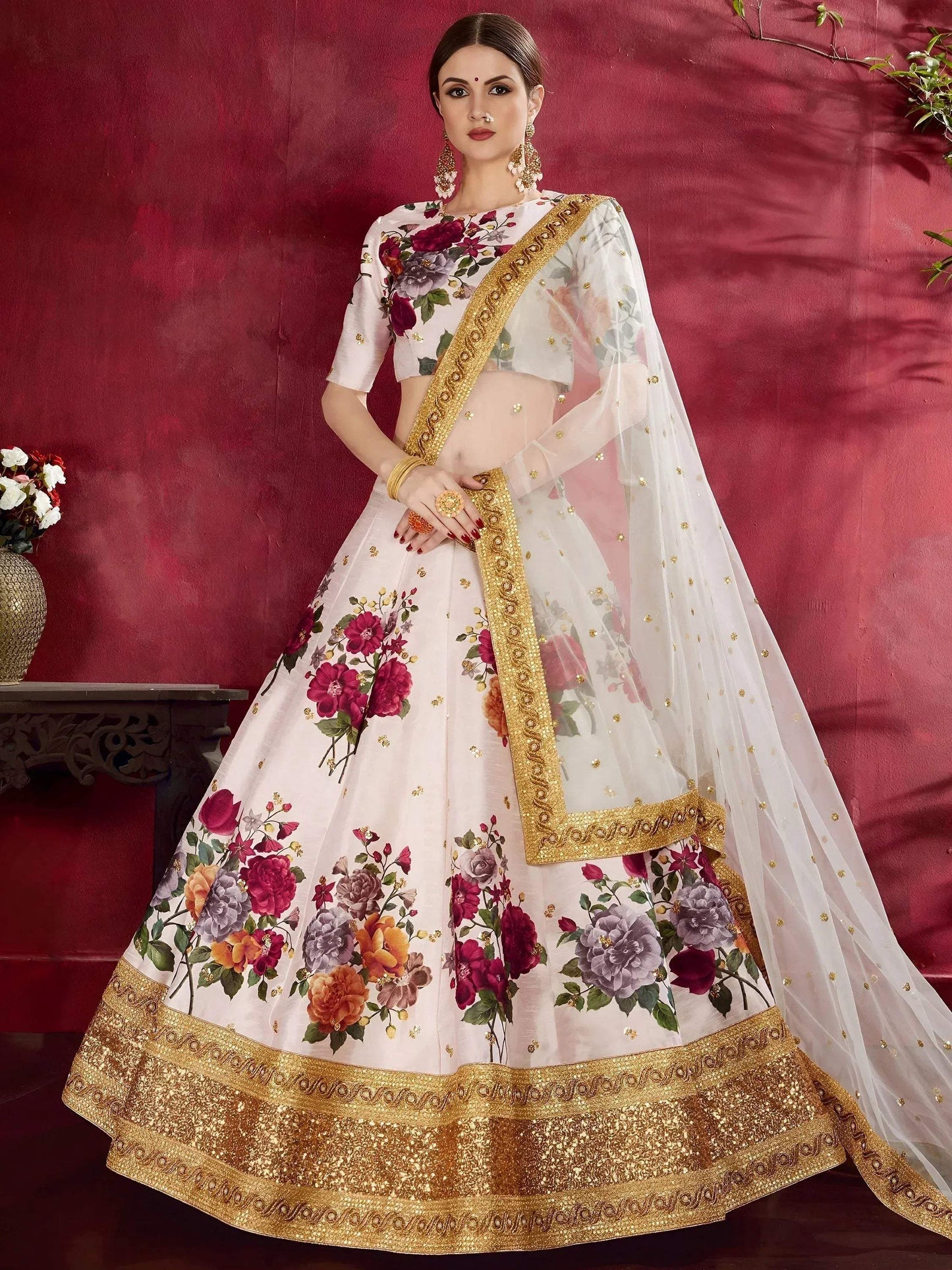 Tulsi Art Off-White Floral Print Banglori Silk Bridal Lehenga Choli With Dupatta