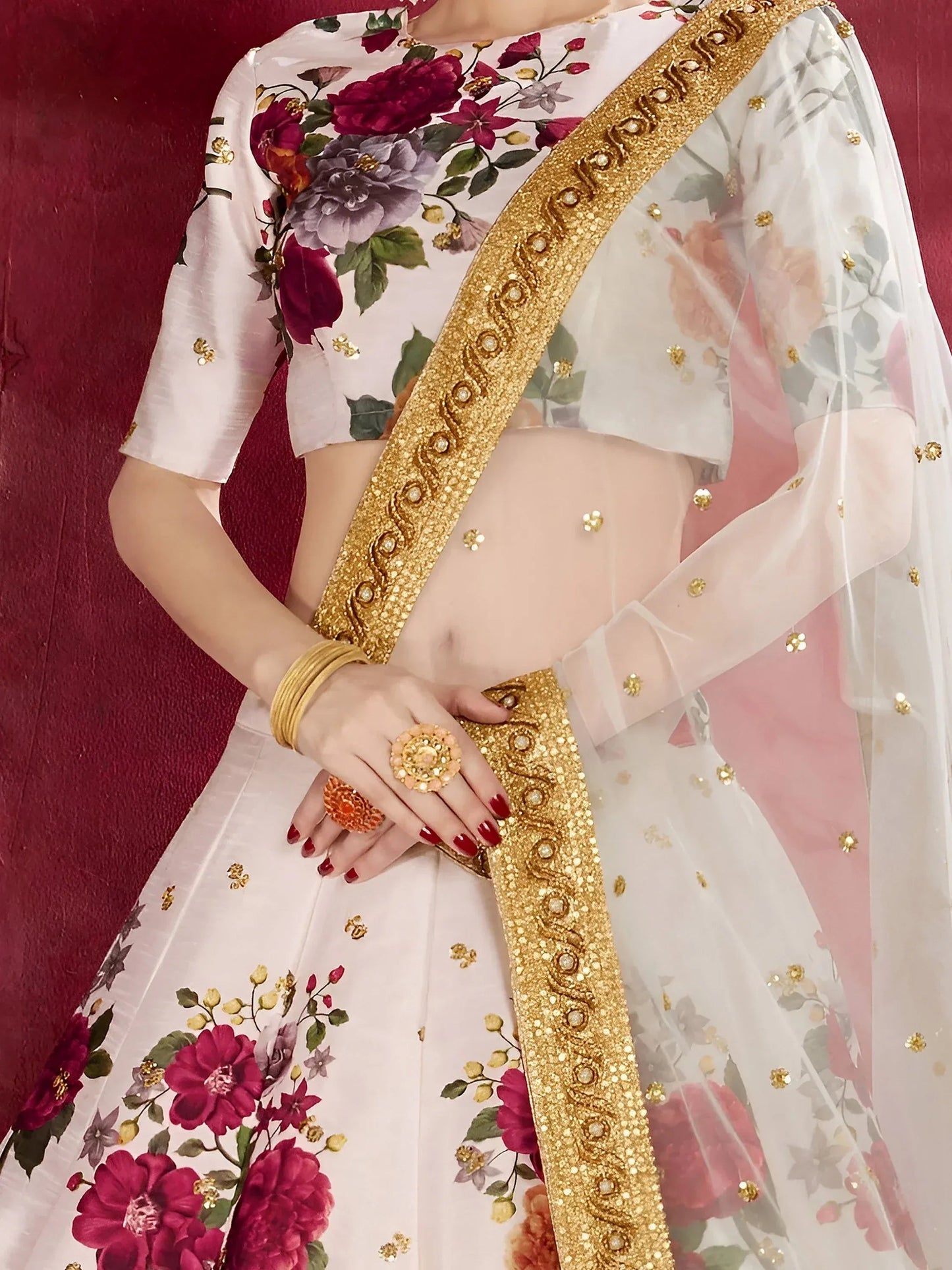 Tulsi Art Off-White Floral Print Banglori Silk Bridal Lehenga Choli With Dupatta