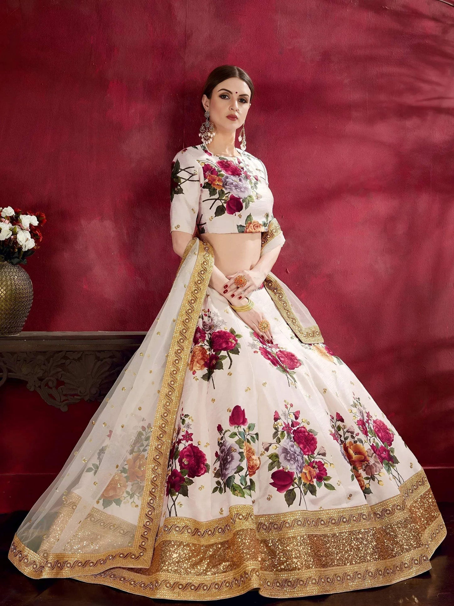 Tulsi Art Off-White Floral Print Banglori Silk Bridal Lehenga Choli With Dupatta