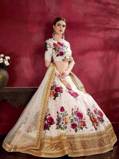 Tulsi Art Off-White Floral Print Banglori Silk Bridal Lehenga Choli With Dupatta