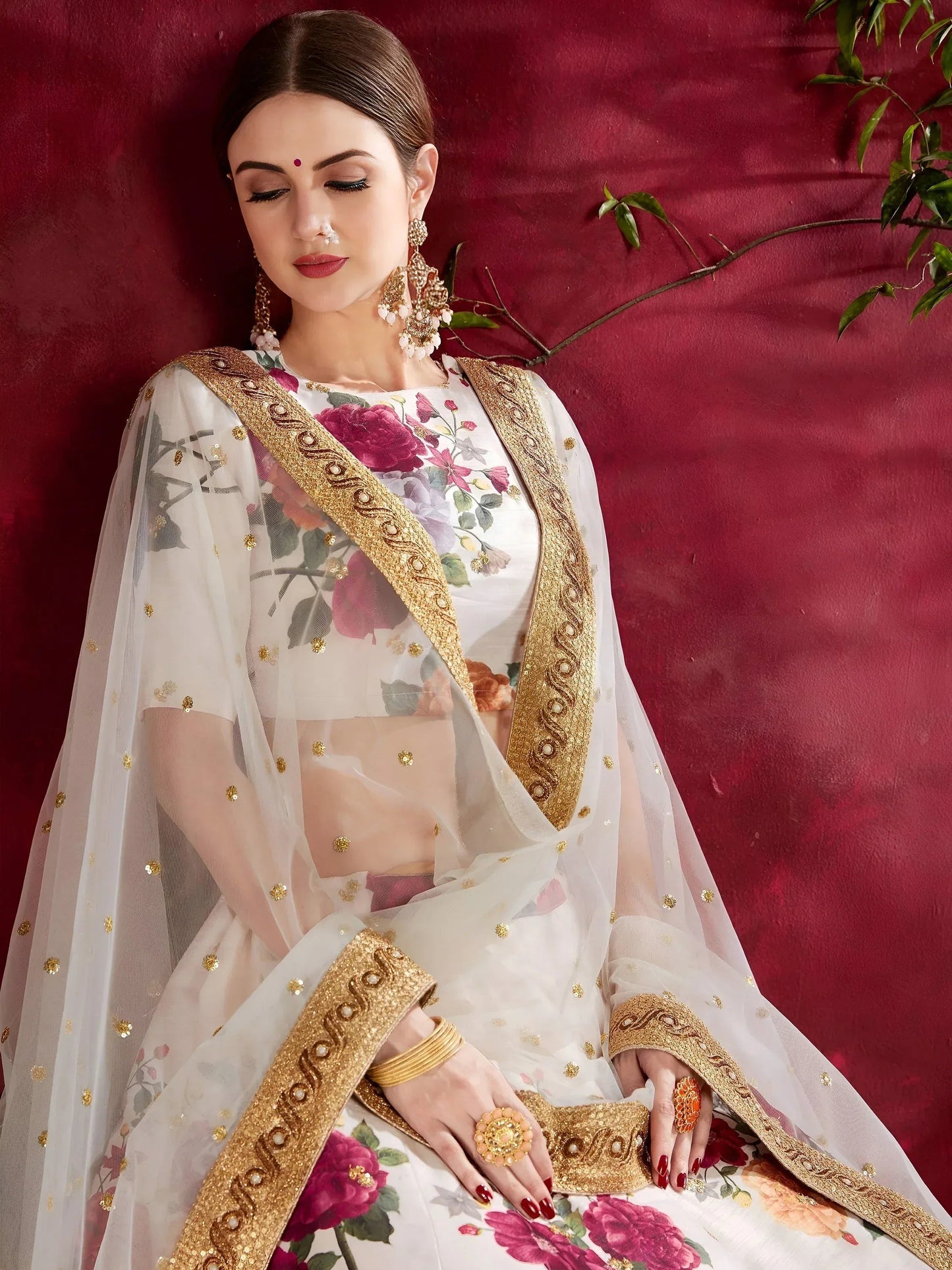 Tulsi Art Off-White Floral Print Banglori Silk Bridal Lehenga Choli With Dupatta
