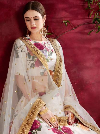 Tulsi Art Off-White Floral Print Banglori Silk Bridal Lehenga Choli With Dupatta