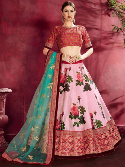 Tulsi Art Rose Pink Floral Print Banglori Silk Bridal Lehenga With Pink Choli And Turquoise Dupatta