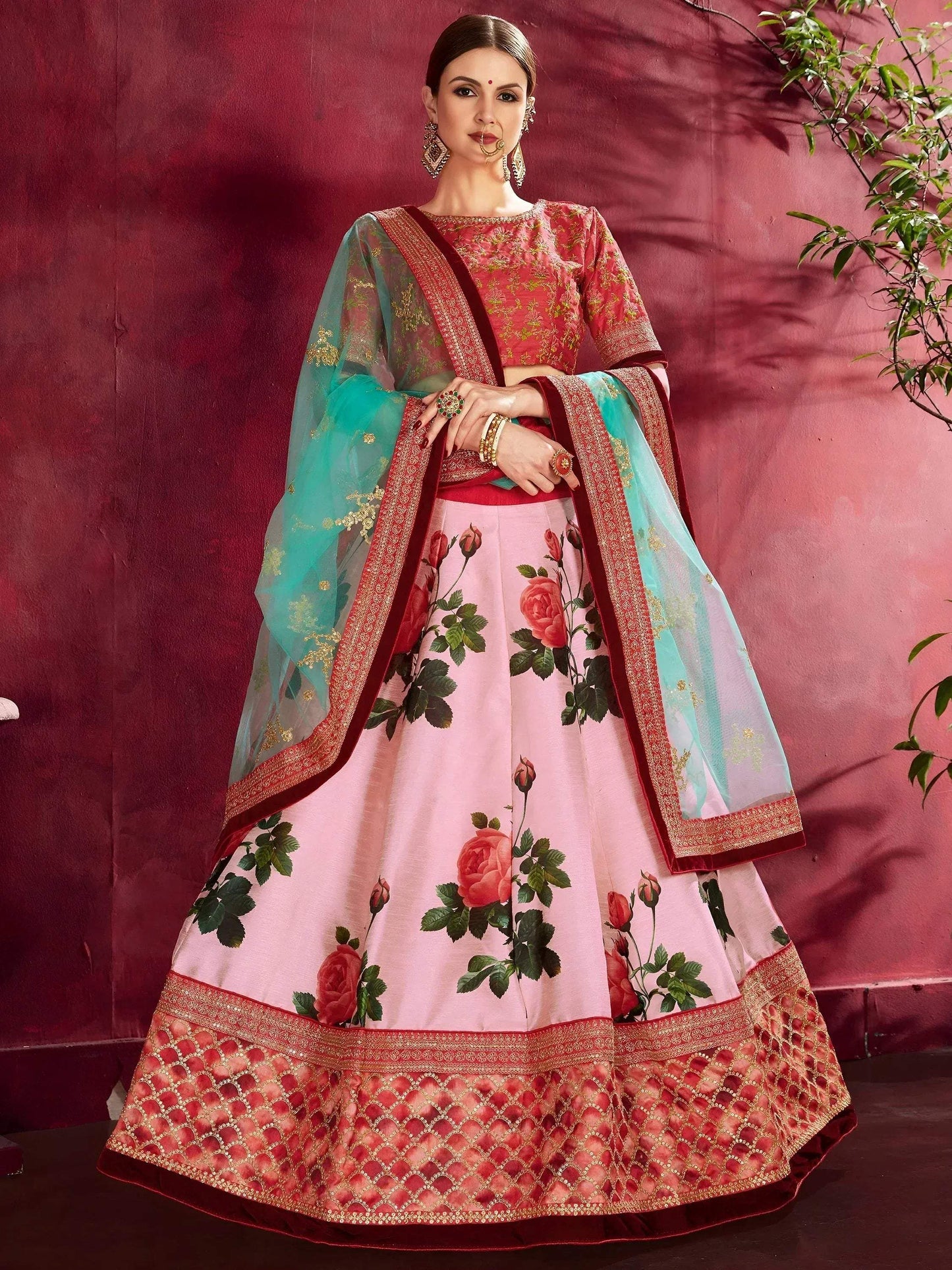 Tulsi Art Rose Pink Floral Print Banglori Silk Bridal Lehenga With Pink Choli And Turquoise Dupatta