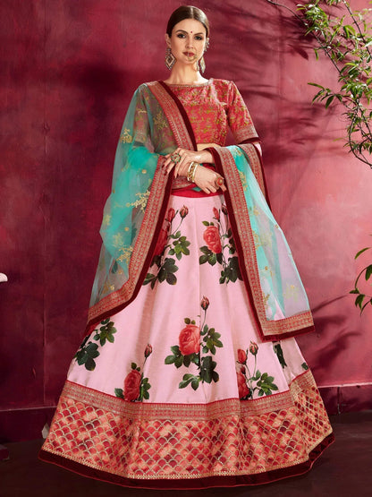 Tulsi Art Rose Pink Floral Print Banglori Silk Bridal Lehenga With Pink Choli And Turquoise Dupatta