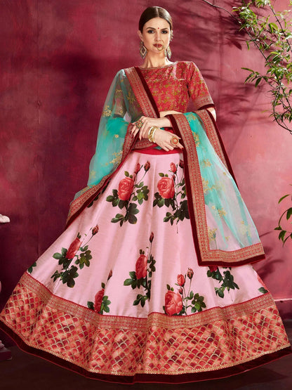 Tulsi Art Rose Pink Floral Print Banglori Silk Bridal Lehenga With Pink Choli And Turquoise Dupatta