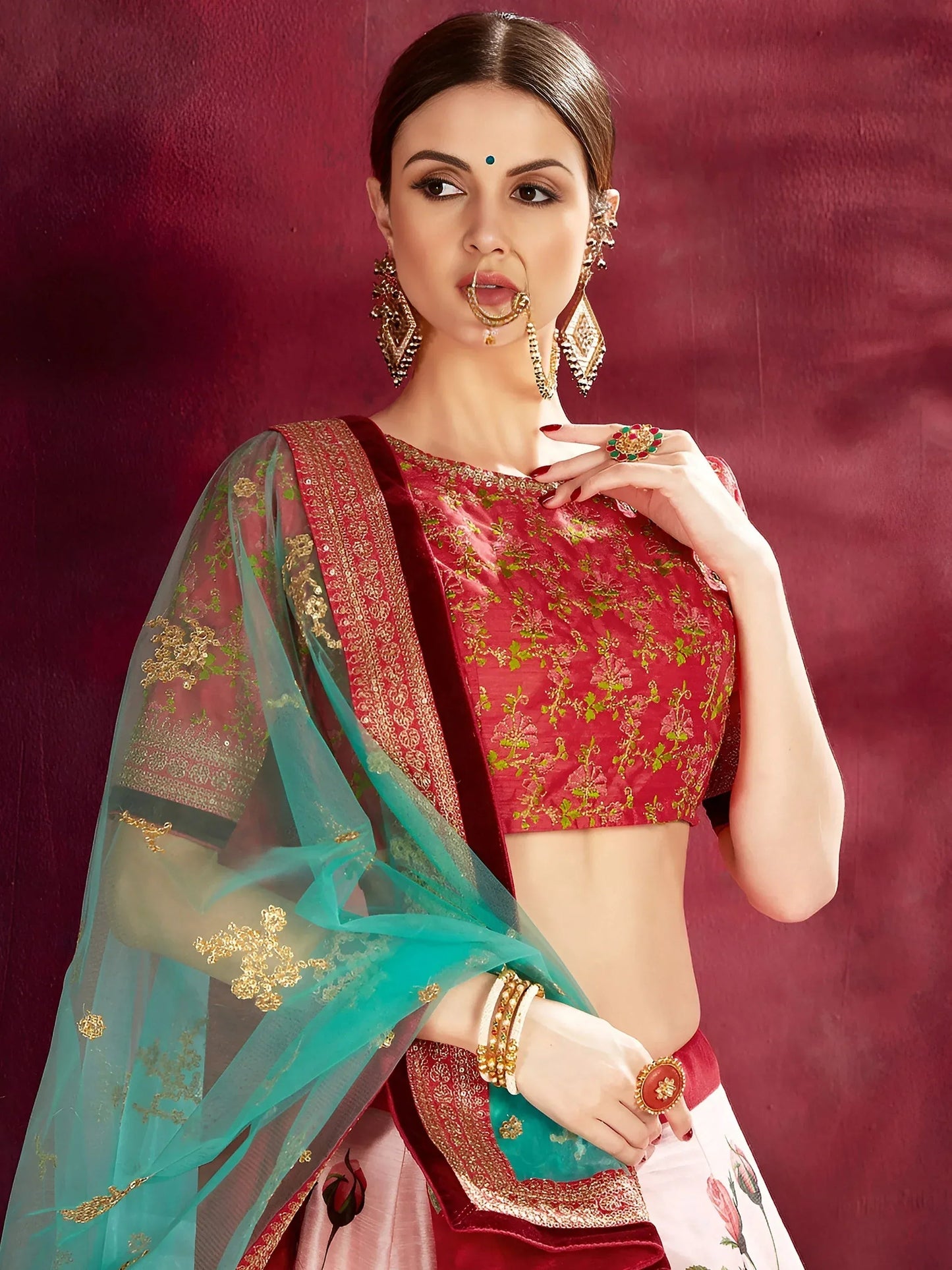 Tulsi Art Rose Pink Floral Print Banglori Silk Bridal Lehenga With Pink Choli And Turquoise Dupatta