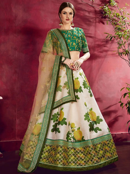 Tulsi Art Cream-Green Floral Print Banglori Silk Bridal Lehenga Choli With Beige Dupatta