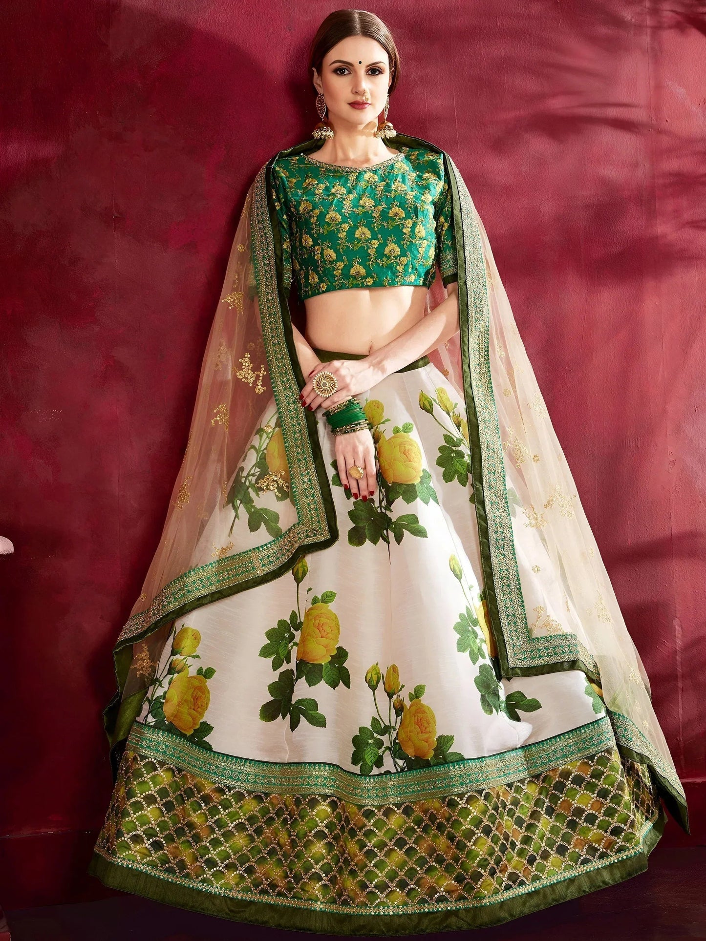 Tulsi Art Cream-Green Floral Print Banglori Silk Bridal Lehenga Choli With Beige Dupatta