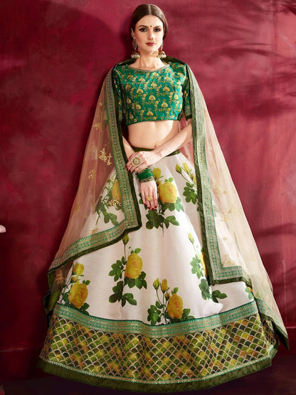 Tulsi Art Cream-Green Floral Print Banglori Silk Bridal Lehenga Choli With Beige Dupatta