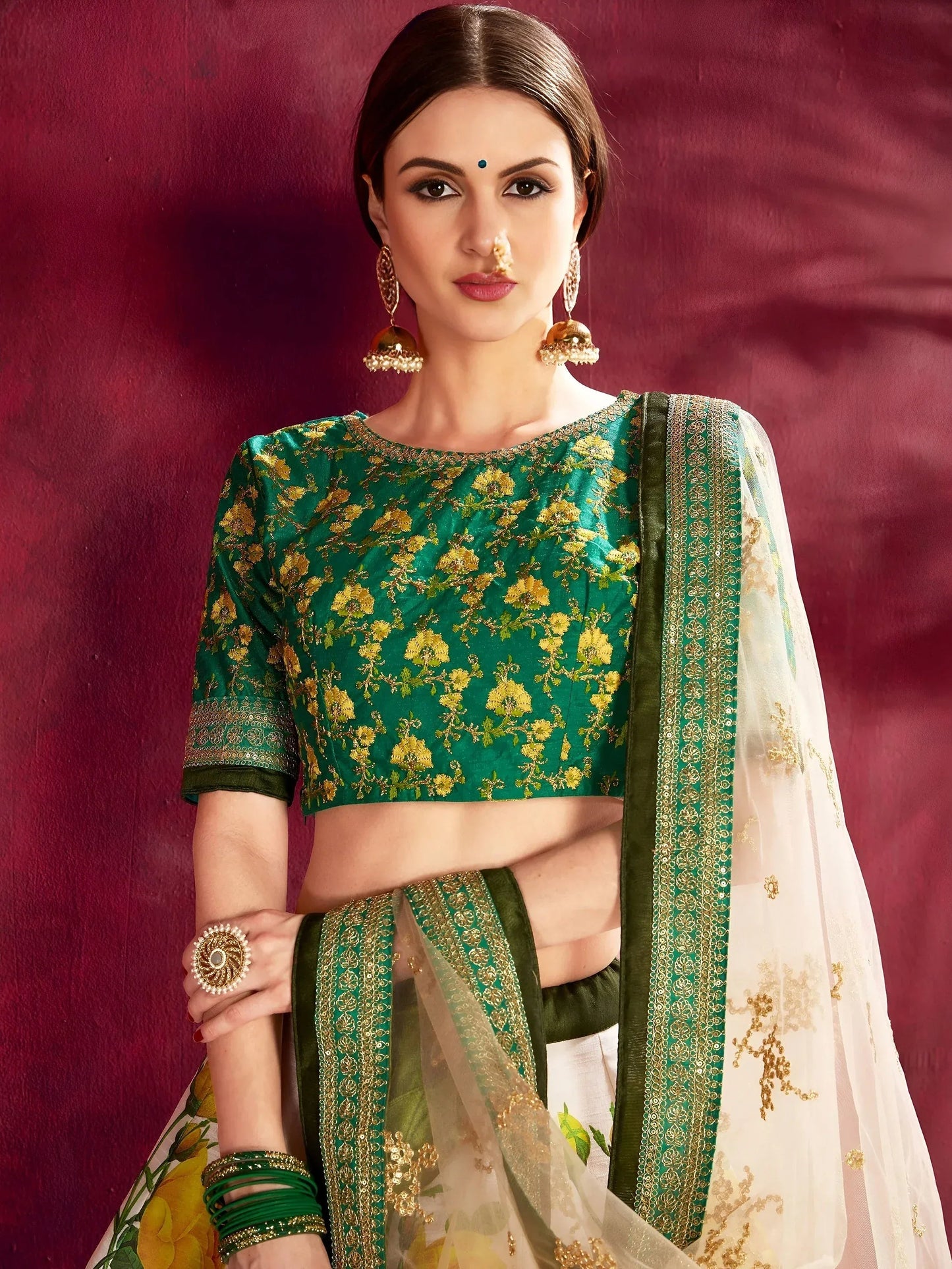 Tulsi Art Cream-Green Floral Print Banglori Silk Bridal Lehenga Choli With Beige Dupatta
