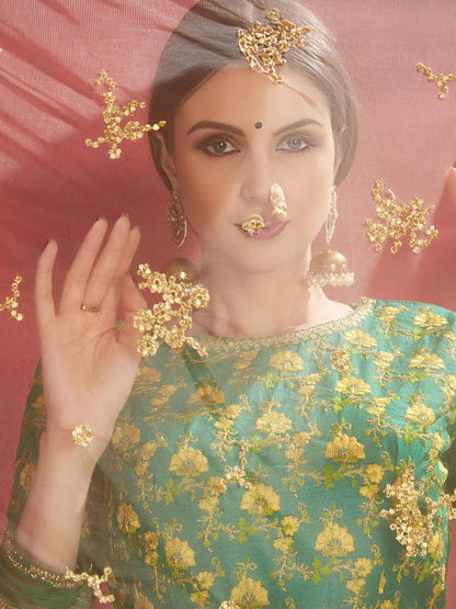 Tulsi Art Cream-Green Floral Print Banglori Silk Bridal Lehenga Choli With Beige Dupatta