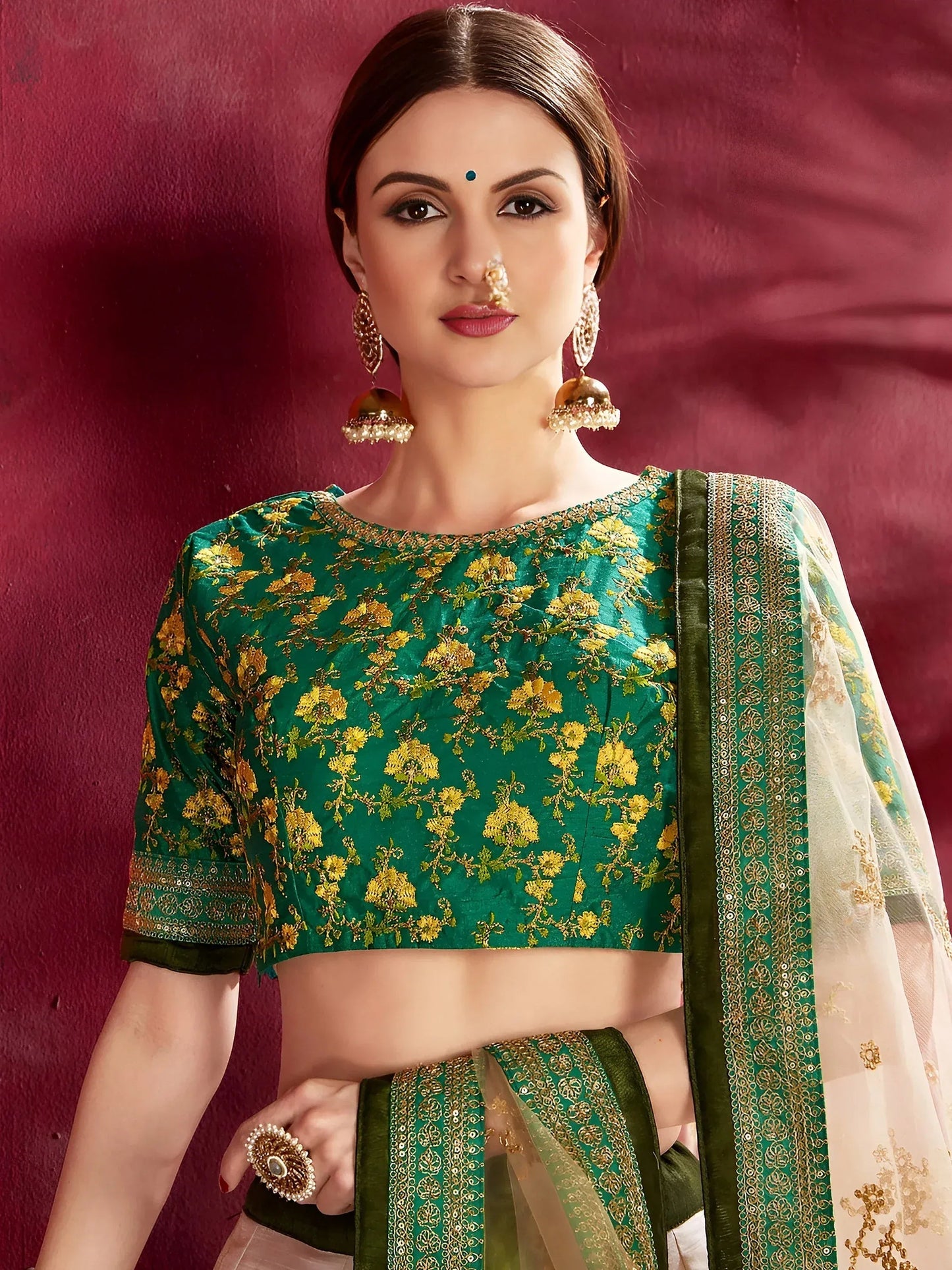 Tulsi Art Cream-Green Floral Print Banglori Silk Bridal Lehenga Choli With Beige Dupatta