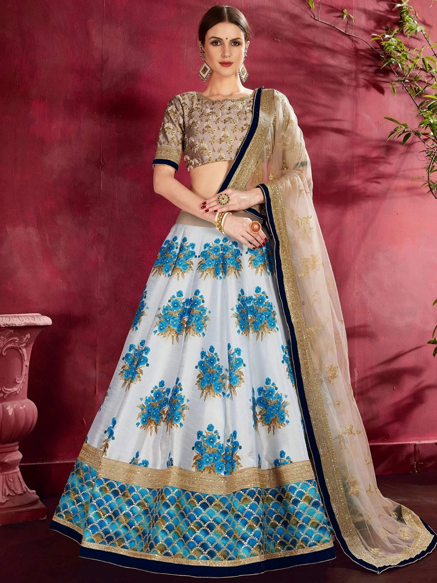 Tulsi Art Attractive White Floral Print Banglori Silk Wedding Lehenga Choli
