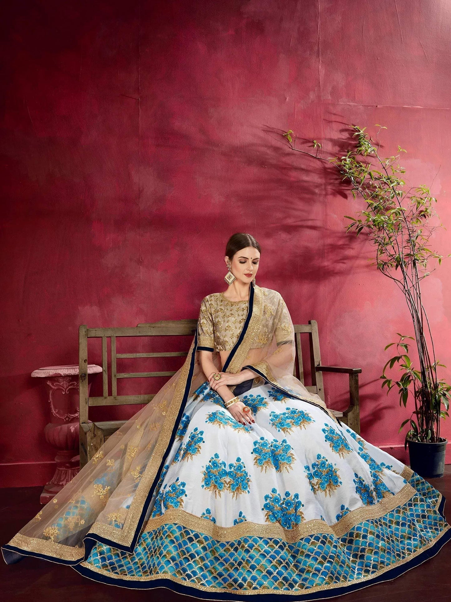 Tulsi Art Attractive White Floral Print Banglori Silk Wedding Lehenga Choli