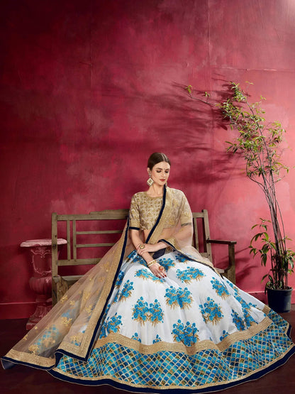 Tulsi Art Attractive White Floral Print Banglori Silk Wedding Lehenga Choli