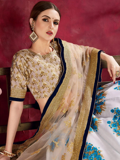 Tulsi Art Attractive White Floral Print Banglori Silk Wedding Lehenga Choli