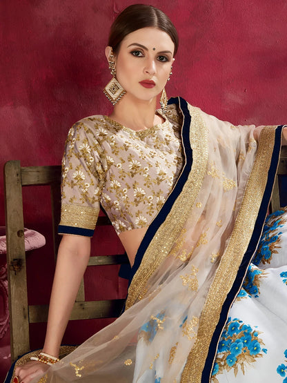 Tulsi Art Attractive White Floral Print Banglori Silk Wedding Lehenga Choli
