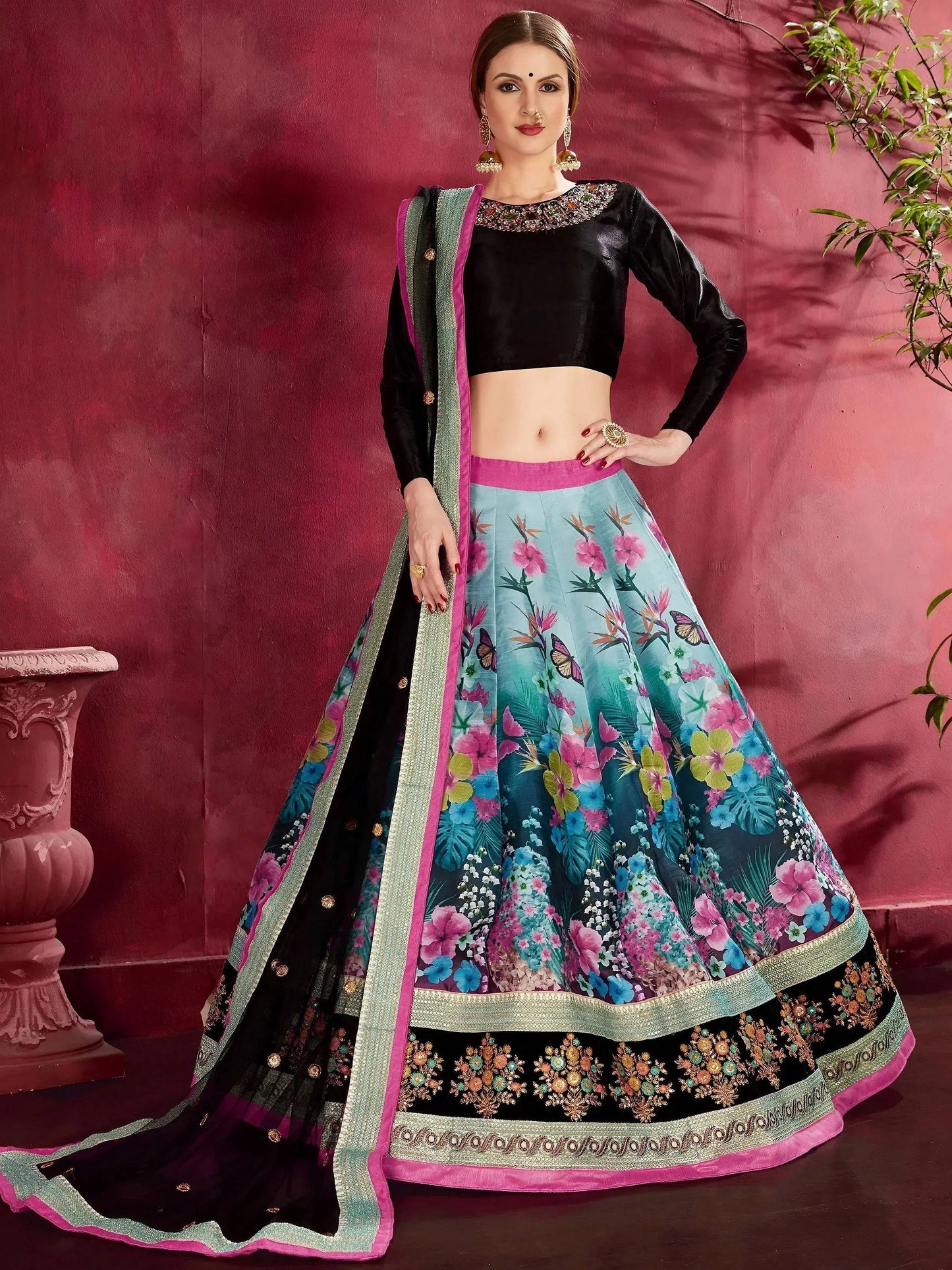 Tulsi Art Attractive Blue Floral Printed Banglori Silk Bridal Lehenga With Black Choli