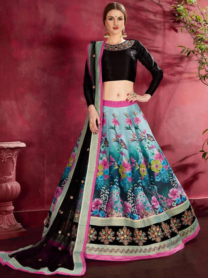 Tulsi Art Attractive Blue Floral Printed Banglori Silk Bridal Lehenga With Black Choli