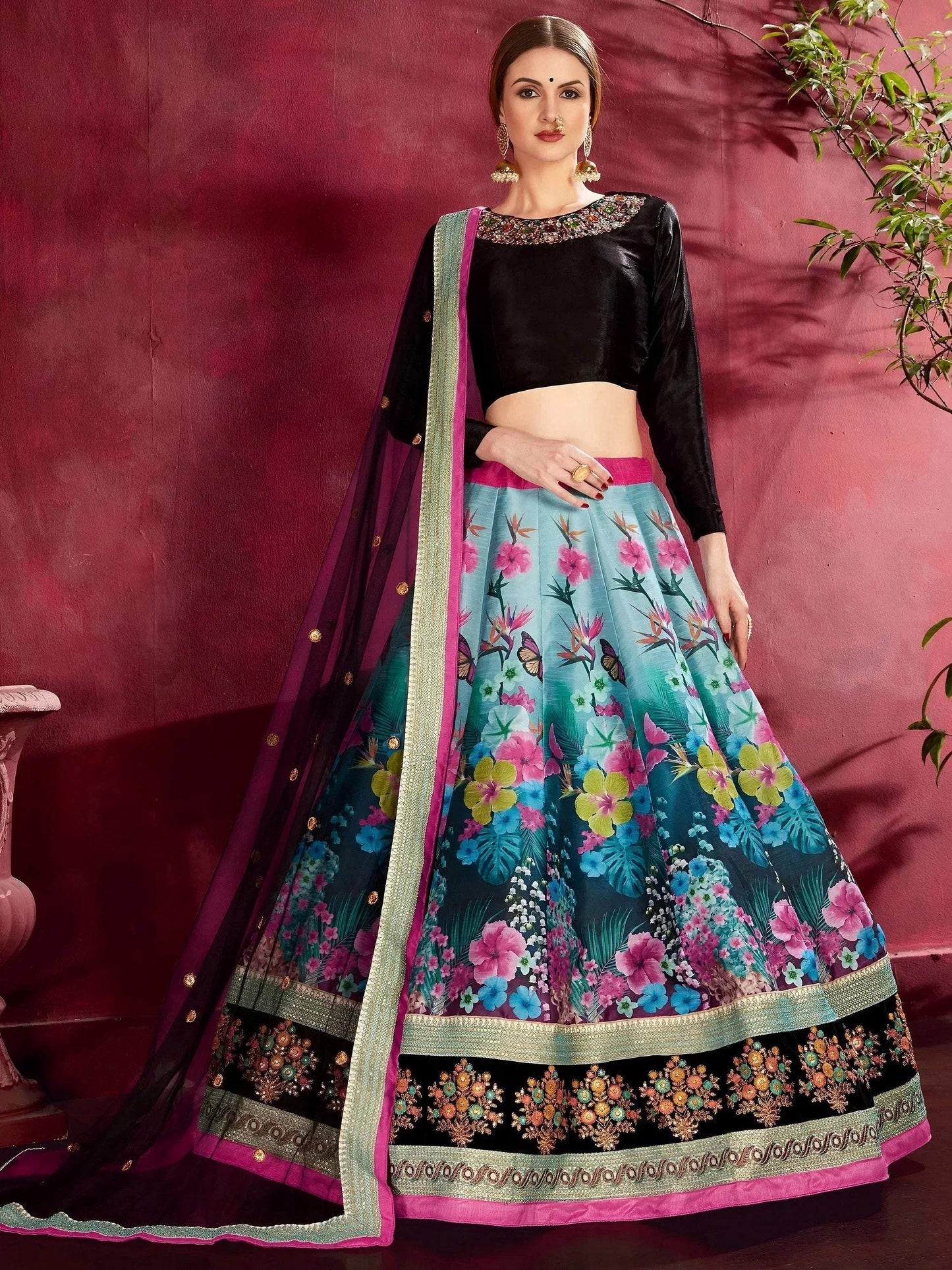 Tulsi Art Attractive Blue Floral Printed Banglori Silk Bridal Lehenga With Black Choli