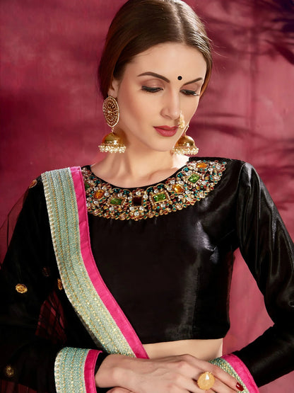 Tulsi Art Attractive Blue Floral Printed Banglori Silk Bridal Lehenga With Black Choli