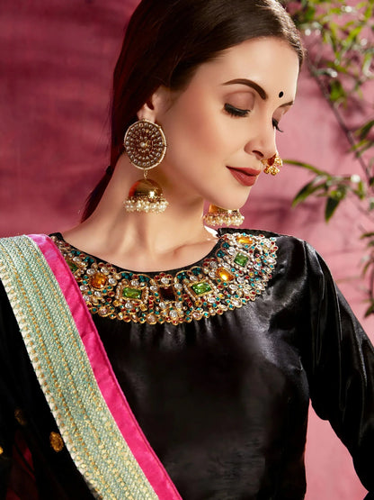 Tulsi Art Attractive Blue Floral Printed Banglori Silk Bridal Lehenga With Black Choli