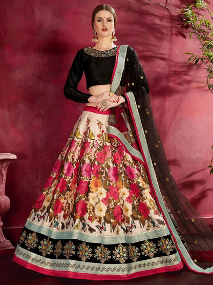 Tulsi Art Multi Color Floral Printed Banglory Silk Bridal Lehenga Black Choli And Dupatta