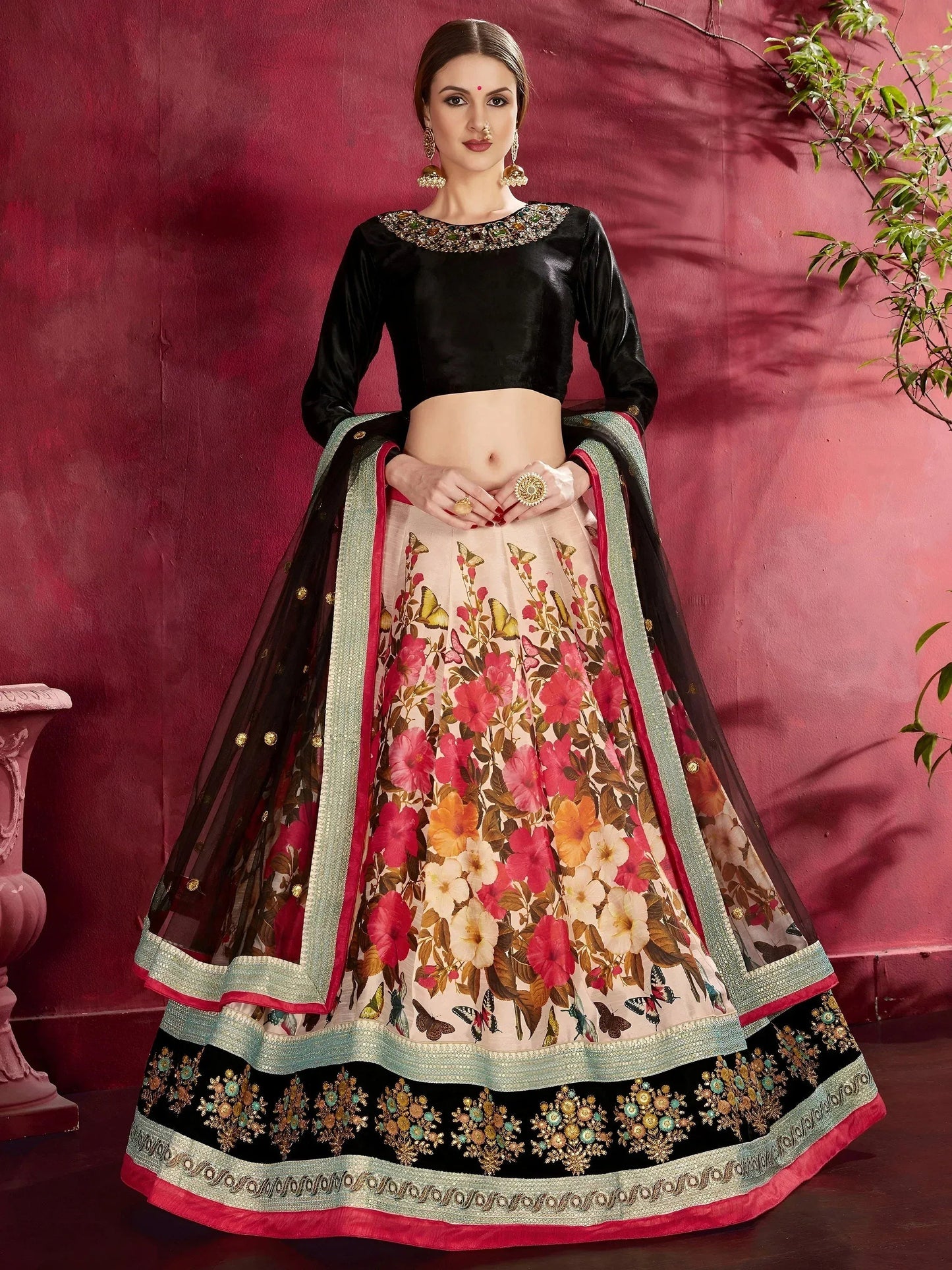 Tulsi Art Multi Color Floral Printed Banglory Silk Bridal Lehenga Black Choli And Dupatta