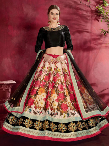 Tulsi Art Multi Color Floral Printed Banglory Silk Bridal Lehenga Black Choli And Dupatta