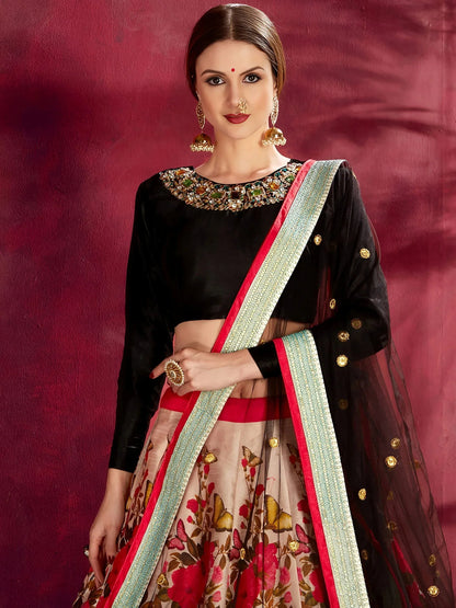 Tulsi Art Multi Color Floral Printed Banglory Silk Bridal Lehenga Black Choli And Dupatta