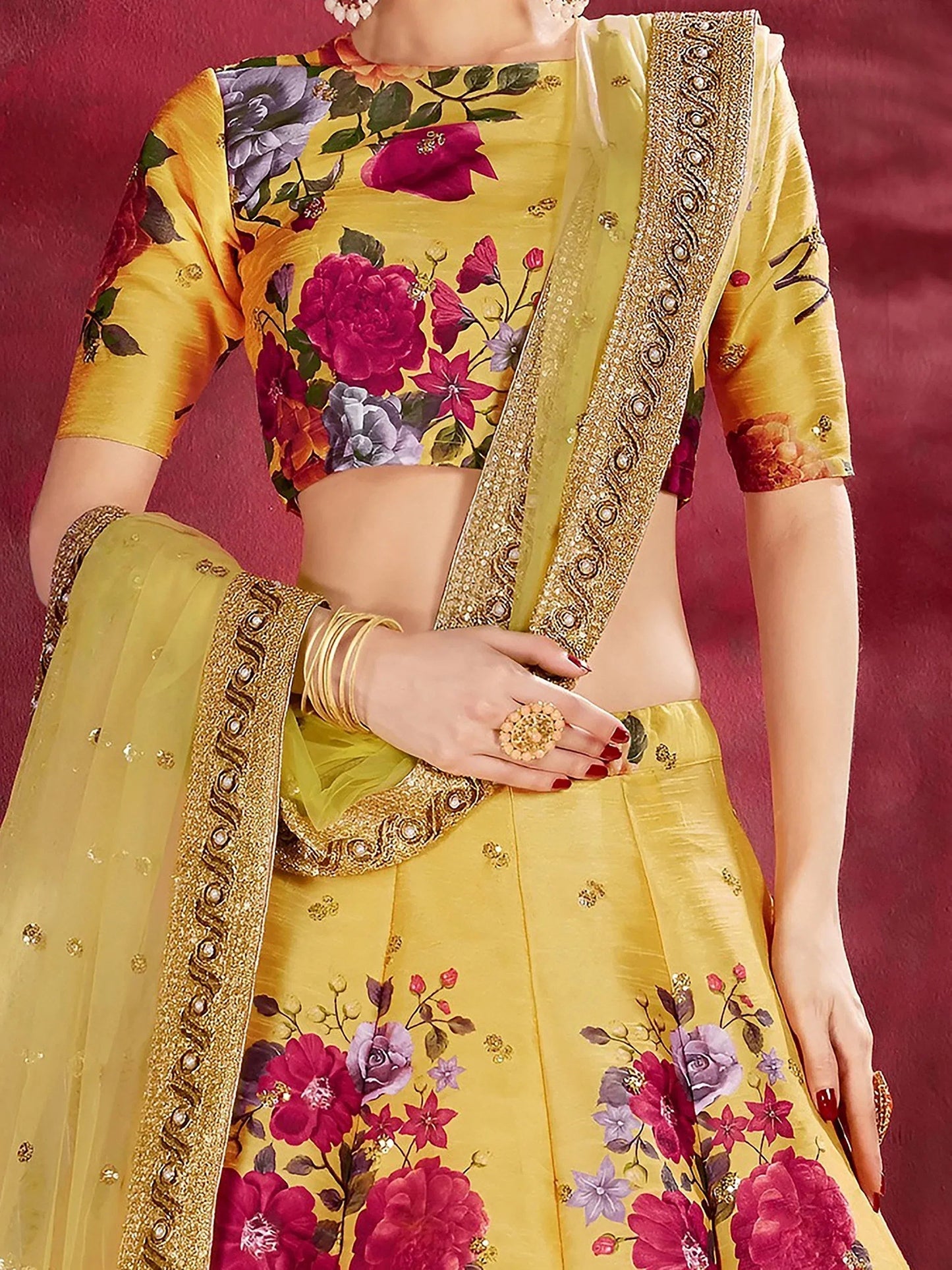 Tulsi Art Yellow Floral Printed Banglori Silk Bridal Lehenga Choli With Dupatta