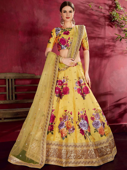 Tulsi Art Yellow Floral Printed Banglori Silk Bridal Lehenga Choli With Dupatta