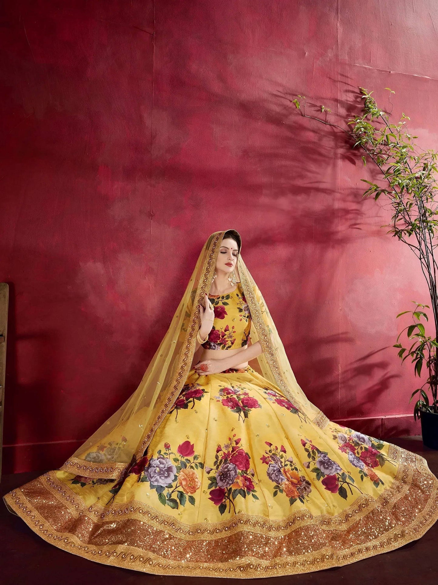 Tulsi Art Yellow Floral Printed Banglori Silk Bridal Lehenga Choli With Dupatta