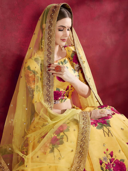 Tulsi Art Yellow Floral Printed Banglori Silk Bridal Lehenga Choli With Dupatta