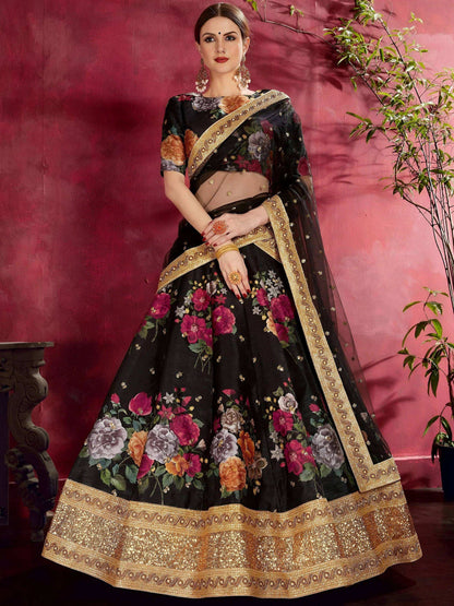 Tulsi Art Black Floral Printed Banglori Silk Bridal Lehenga Choli With Dupatta