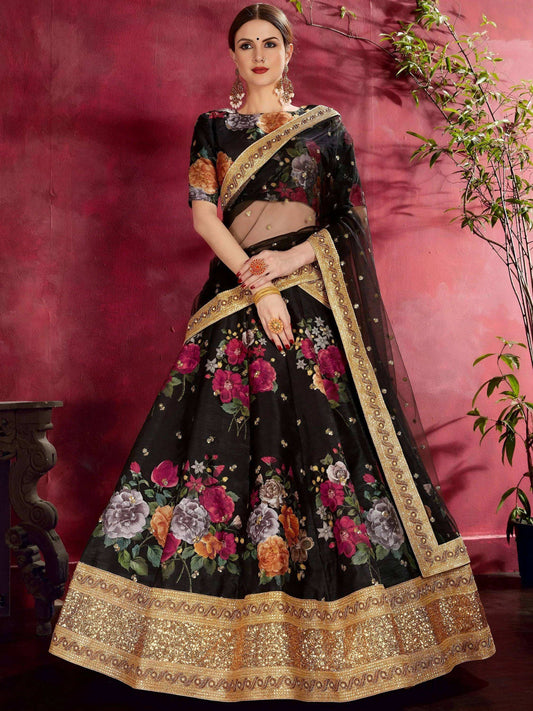 Tulsi Art Black Floral Printed Banglori Silk Bridal Lehenga Choli With Dupatta