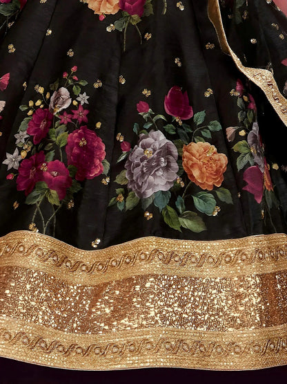 Tulsi Art Black Floral Printed Banglori Silk Bridal Lehenga Choli With Dupatta