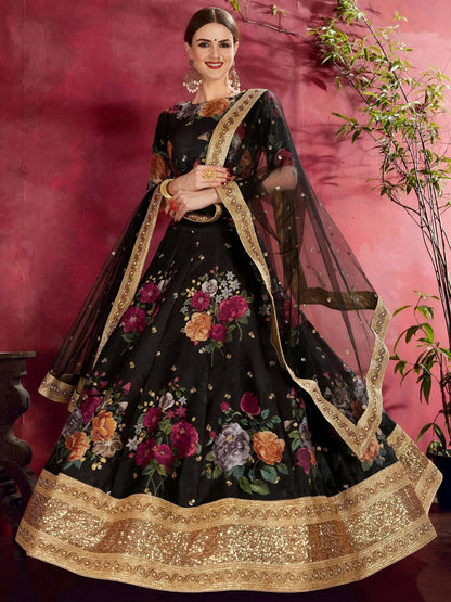 Tulsi Art Black Floral Printed Banglori Silk Bridal Lehenga Choli With Dupatta